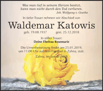 Traueranzeige von Waldemar Katowis von Super Sonntag Wittenberg