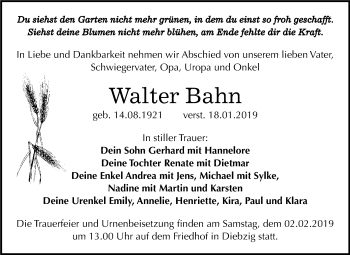 Traueranzeige von Walter Bahn von WVG - Wochenspiegel Dessau / Köthen