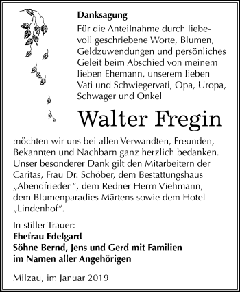 Traueranzeige von Walter Fregin von Mitteldeutsche Zeitung Merseburg/Querfurt