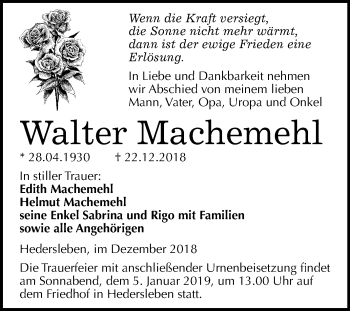 Traueranzeige von Walter Machemehl von Mitteldeutsche Zeitung Quedlinburg