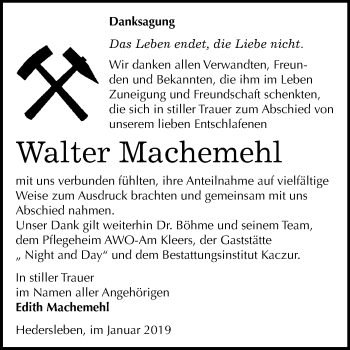 Traueranzeige von Walter Machemehl von Mitteldeutsche Zeitung Quedlinburg