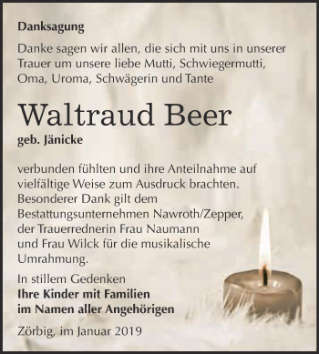 Traueranzeige von Waltraud Beer von WVG - Wochenspiegel Bitterfeld