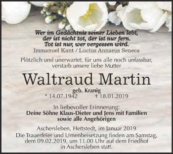 Traueranzeige von Waltraud Martin von Super Sonntag Aschersleben