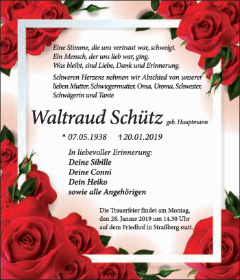 Traueranzeige von Waltraud Schütz von WVG - Wochenspiegel Quedlinburg