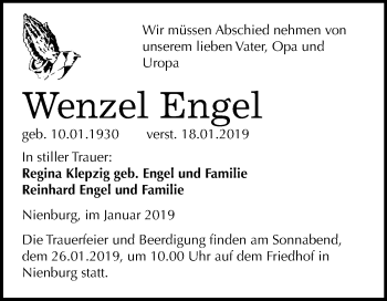 Traueranzeige von Wenzel Engel von Mitteldeutsche Zeitung Bernburg