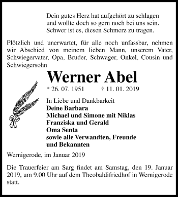Traueranzeige von Werner Abel von Mitteldeutsche Zeitung Quedlinburg
