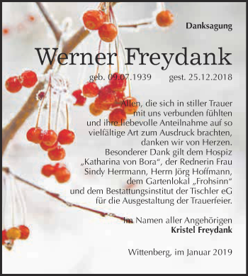 Traueranzeige von Werner Freydank von WVG - Wochenspiegel Wittenberg