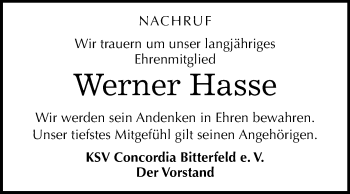 Traueranzeige von Werner Hasse von Mitteldeutsche Zeitung Bitterfeld