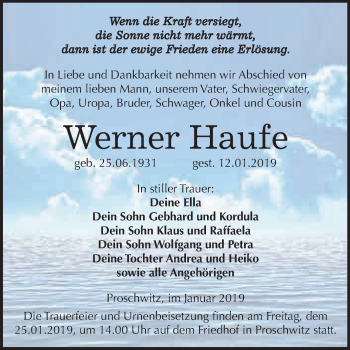 Traueranzeige von Werner Haufe von WVG - Wochenspiegel Wittenberg