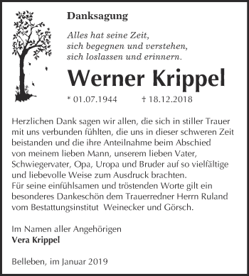 Traueranzeige von Werner Krippel von Super Sonntag Bernburg