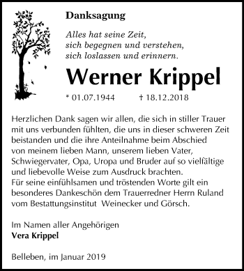 Traueranzeige von Werner Krippel von Mitteldeutsche Zeitung Bernburg