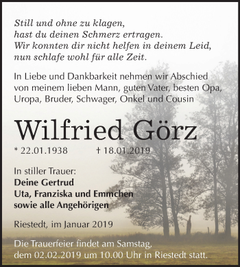 Traueranzeige von Wilfried Görz von Mitteldeutsche Zeitung