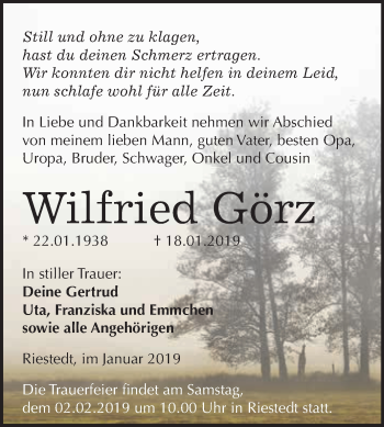 Traueranzeige von Wilfried Görz von Super Sonntag SGH Mansf. Land