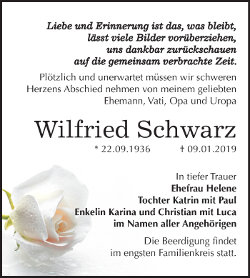 Traueranzeige von Wilfried Schwarz von Mitteldeutsche Zeitung Bernburg