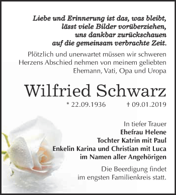 Traueranzeige von Wilfried Schwarz von Super Sonntag Bernburg