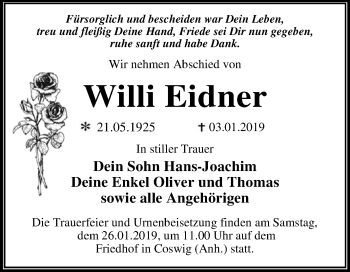 Traueranzeige von Willi Eidner von WVG - Wochenspiegel Dessau / Köthen