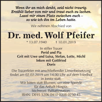 Traueranzeige von Wolf Pfeifer von WVG - Wochenspiegel Dessau / Köthen