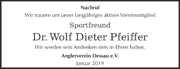 Traueranzeige von Wolf Dieter Pfeiffer von WVG - Wochenspiegel Dessau / Köthen
