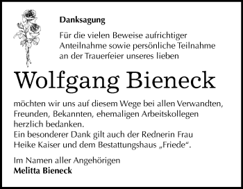 Traueranzeige von Wolfgang Bieneck von Mitteldeutsche Zeitung
