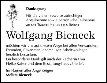 Traueranzeige von Wolfgang Bieneck von WVG - Wochenspiegel Dessau / Köthen