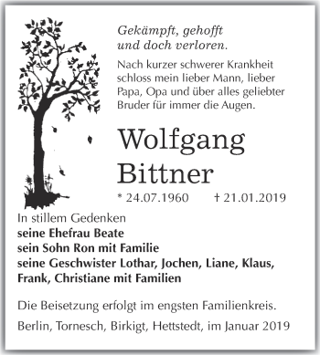 Traueranzeige von Wolfgang Bittner von Super Sonntag SGH Mansf. Land