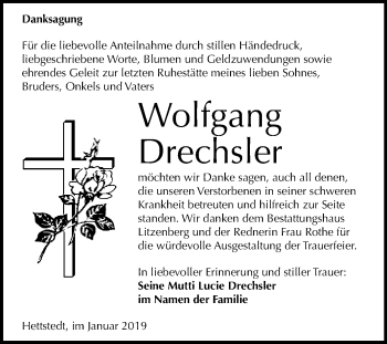 Traueranzeige von Wolfgang Drechsler von Wochenspiegel Mansfelder Land