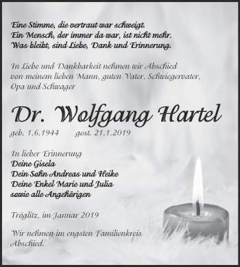 Traueranzeige von Wolfgang Hartel von Super Sonntag Zeitz