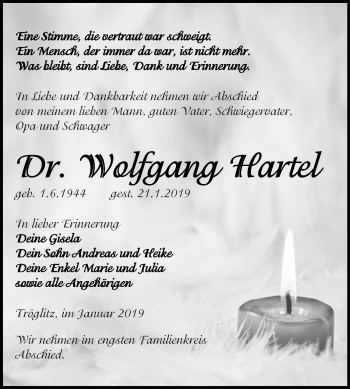 Traueranzeige von Wolfgang Hartel von Mitteldeutsche Zeitung Zeitz