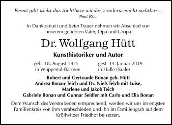 Traueranzeige von Wolfgang Hütt von Mitteldeutsche Zeitung Halle/Saalkreis