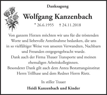 Traueranzeige von Wolfgang Kanzenbach von WVG - Wochenspiegel Dessau / Köthen