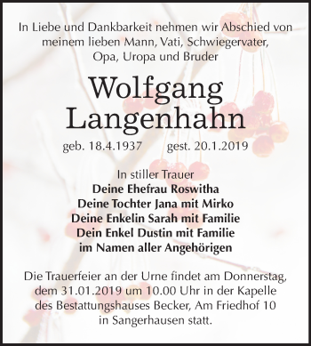 Traueranzeige von Wolfgang Langenhahn von Mitteldeutsche Zeitung