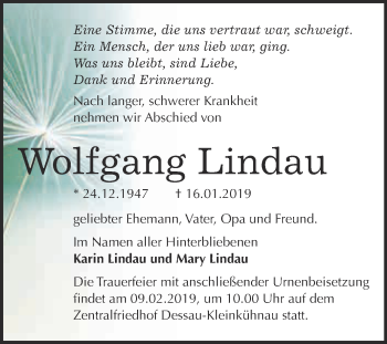Traueranzeige von Wolfgang Lindau von WVG - Wochenspiegel Dessau / Köthen