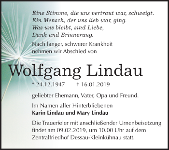 Traueranzeige von Wolfgang Lindau von Mitteldeutsche Zeitung Dessau-Roßlau