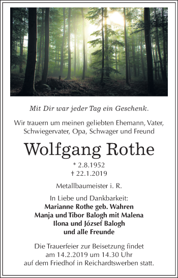 Traueranzeige von Wolfgang Rothe von Mitteldeutsche Zeitung Weißenfels