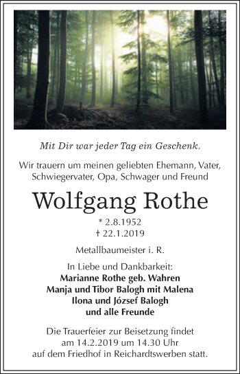 Traueranzeige von Wolfgang Rothe von WVG - Wochenspiegel NMB / WSF / ZTZ