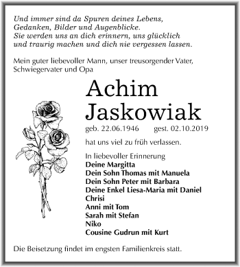 Traueranzeige von Achim Jaskowiak von Mitteldeutsche Zeitung Wittenberg