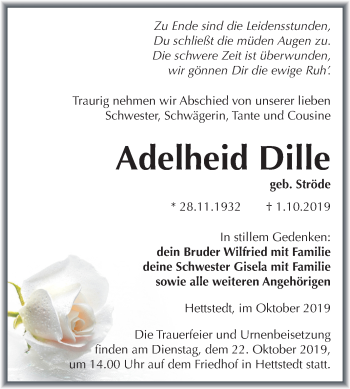 Traueranzeige von Adelheid Dille von Super Sonntag Mansfelder Land