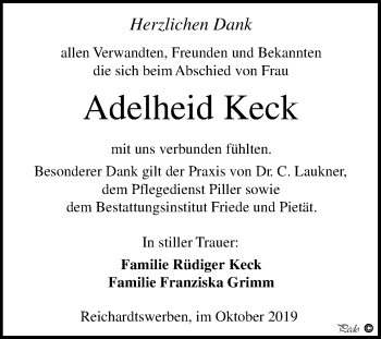 Traueranzeige von Adelheid Keck von Mitteldeutsche Zeitung Weißenfels