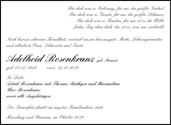 Traueranzeige von Adelheid Rosenkranz von Mitteldeutsche Zeitung Merseburg/Querfurt