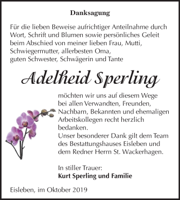 Traueranzeige von Adelheid Sperling von Mitteldeutsche Zeitung Mansfelder Land