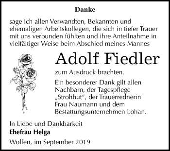 Traueranzeige von Adolf Fiedler von Wochenspiegel Bitterfeld