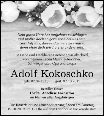 Traueranzeige von Adolf Kokoschko von Super Sonntag Dessau-Roßlau / Wittenberg