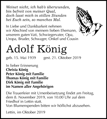 Traueranzeige von Adolf König von Mitteldeutsche Zeitung Halle/Saalkreis