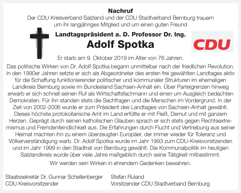  Traueranzeige für Adolf Spotka vom 19.10.2019 aus Super Sonntag Bernburg