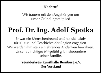 Traueranzeige von Adolf Spotka von Super Sonntag Bernburg