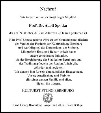 Traueranzeige von Adolf Spotka von Mitteldeutsche Zeitung Bernburg
