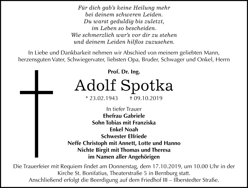  Traueranzeige für Adolf Spotka vom 11.10.2019 aus Mitteldeutsche Zeitung Bernburg