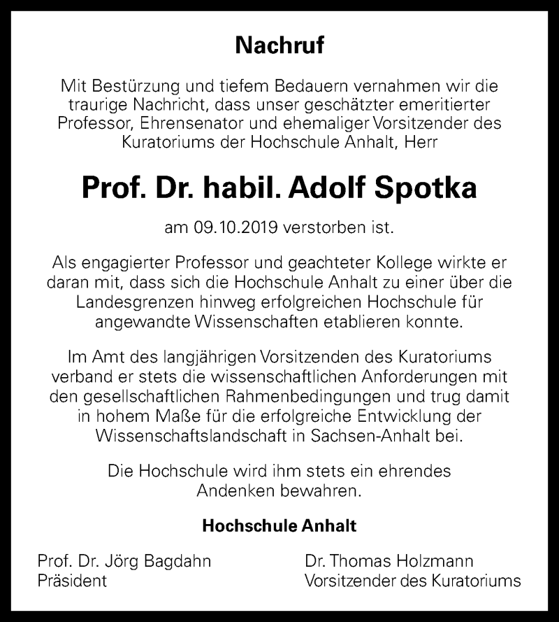 Traueranzeige für Adolf Spotka vom 16.10.2019 aus Mitteldeutsche Zeitung Dessau-Roßlau / Köthen