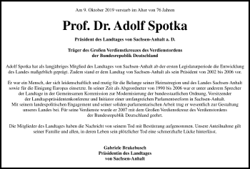 Traueranzeige von Adolf Spotka von Mitteldeutsche Zeitung 