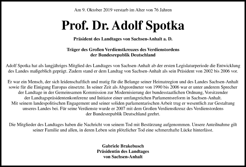 Traueranzeige für Adolf Spotka vom 17.10.2019 aus Mitteldeutsche Zeitung 